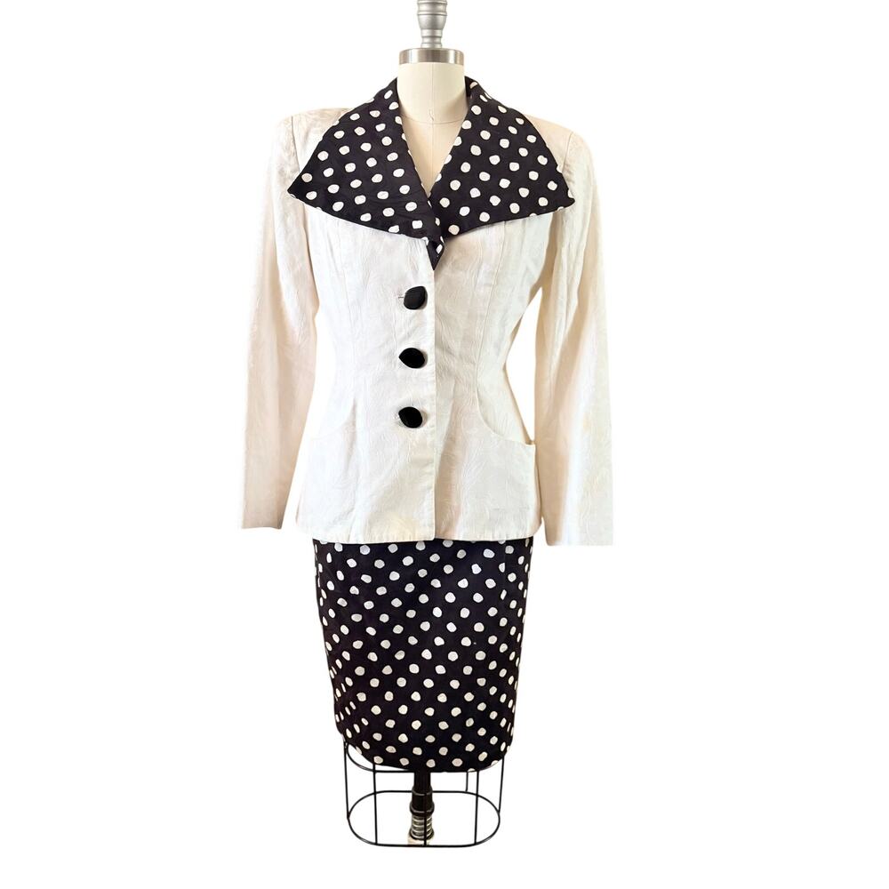 Vintage Richard Warren Polka Dot Skirt Suit Set White Cotton Jacket 6